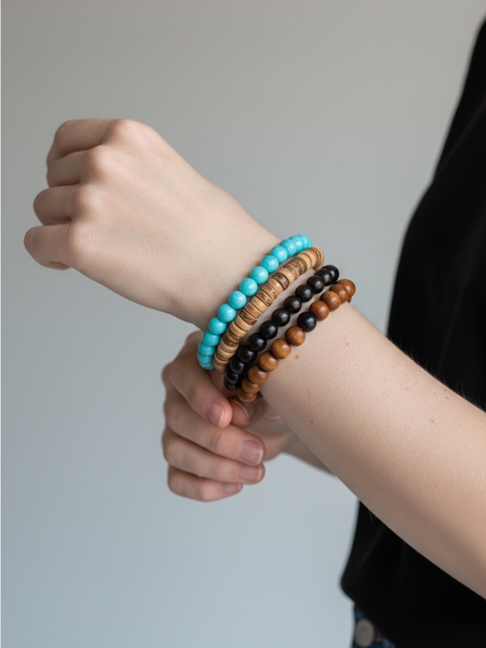 9/4 Turquoise and Wood Bead Stackable Bracelet Set